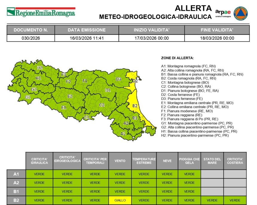 Regione. Emessa allerta meteo “gialla” per vento per martedì 17 marzo