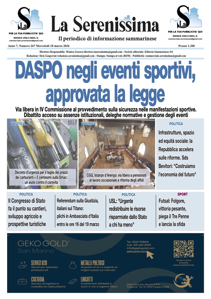 San Marino. La prima pagina de LA SERENISSIMA