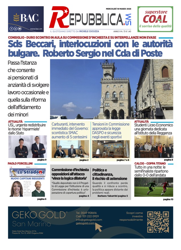 San Marino. La prima pagina de LA REPUBBLICASM