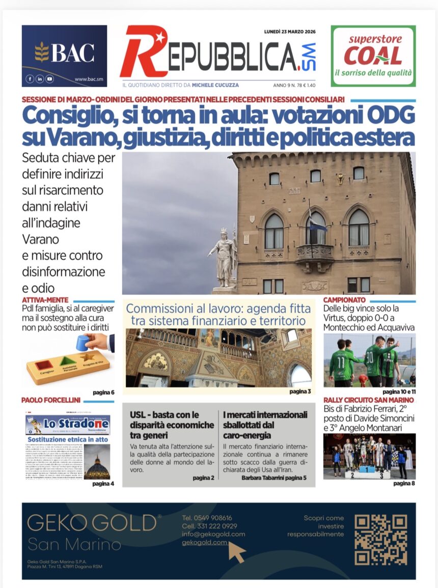 San Marino. La prima pagina de La RepubblicaSM