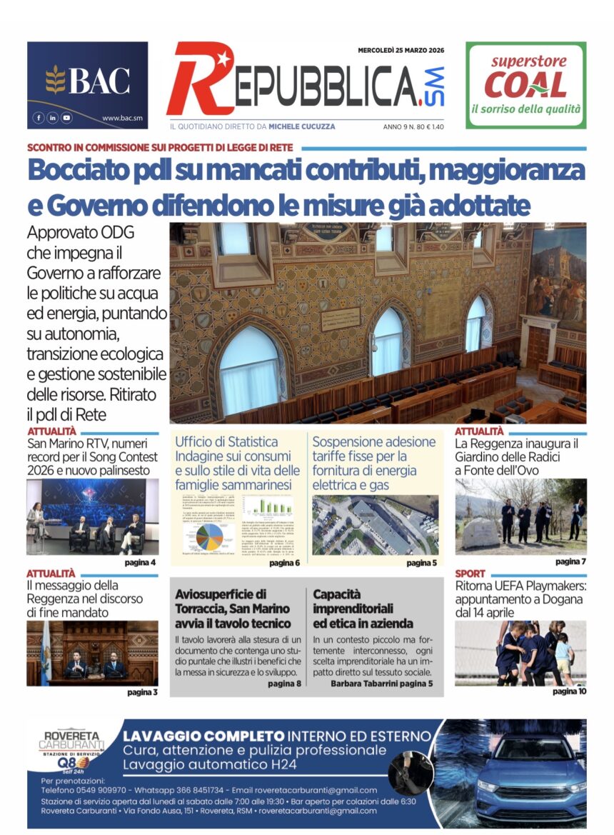 San Marino. La prima pagina de La RepubblicaSM