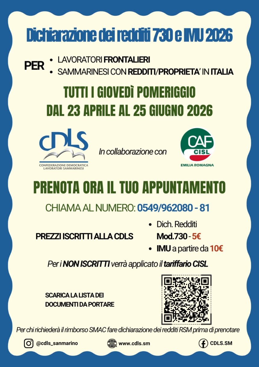 San Marino. Dichiarazione Redditi 730 e Imu 2026: riparte il servizio CDLS in collaborazione con Caf Cisl