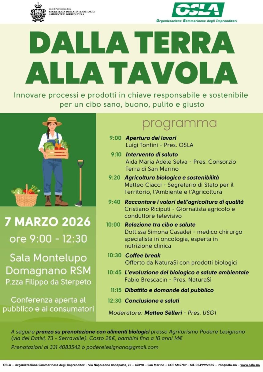 San Marino – “Dalla Terra alla Tavola”: il 7 marzo 2026 a Domagnano un confronto su agricoltura biologica, sostenibilità e salute