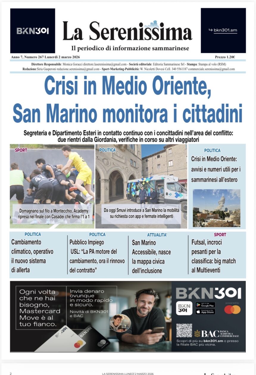 San Marino. La prima pagina de LA SERENISSIMA