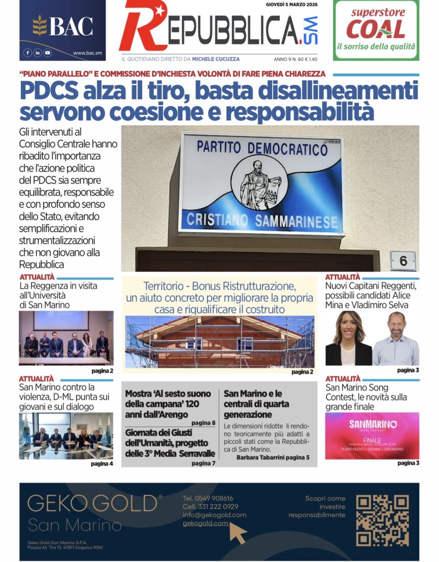 San Marino. La prima pagina de La RepubblicaSM