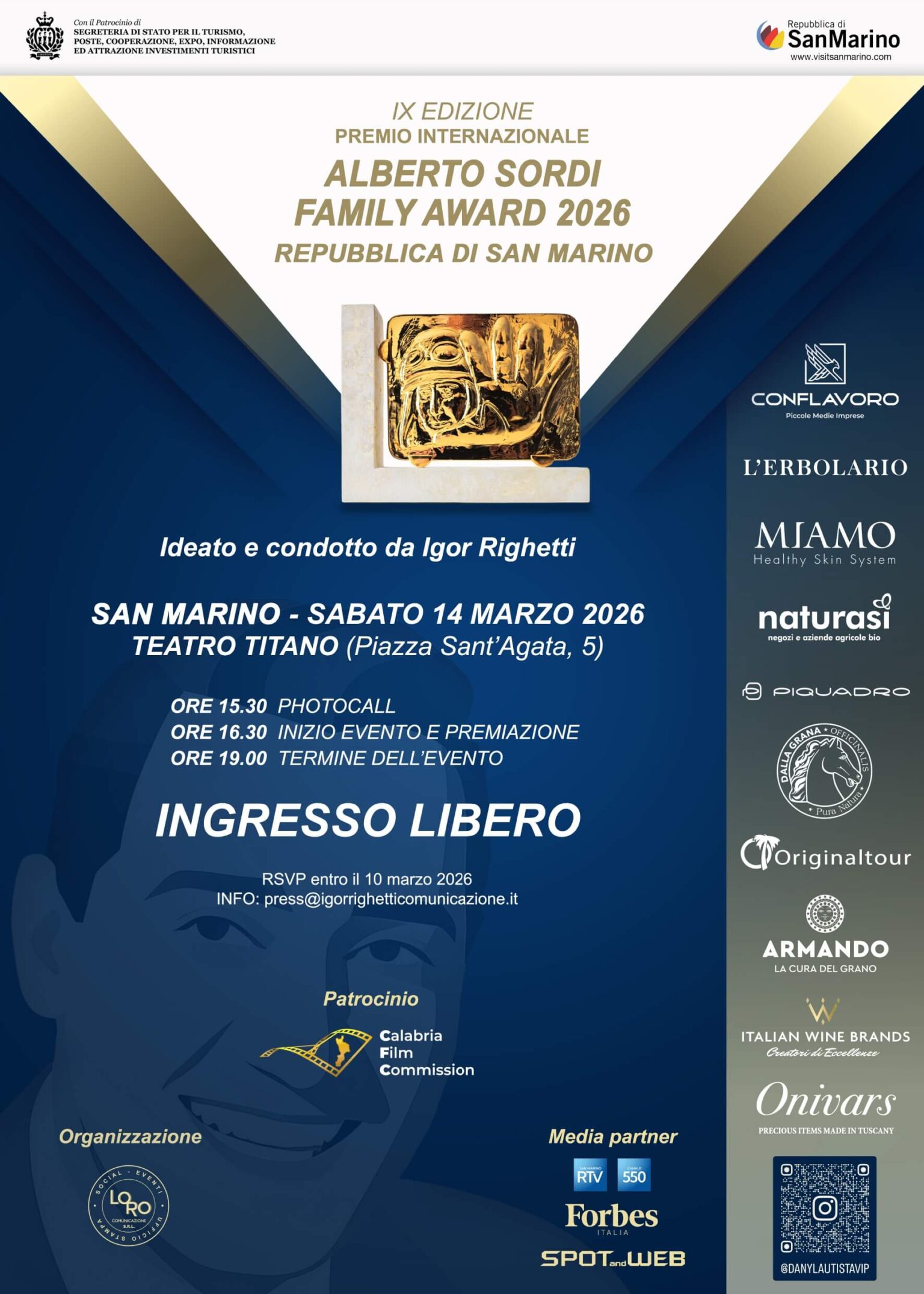 San Marino. Igor Righetti assegna l’”Alberto Sordi Family Award 2026-San Marino”: Pascale, Squaglia e Ventura tra gli 11 premiati