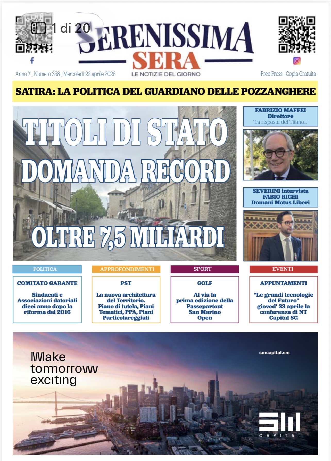 San Marino. La prima pagina del Serenissima Sera