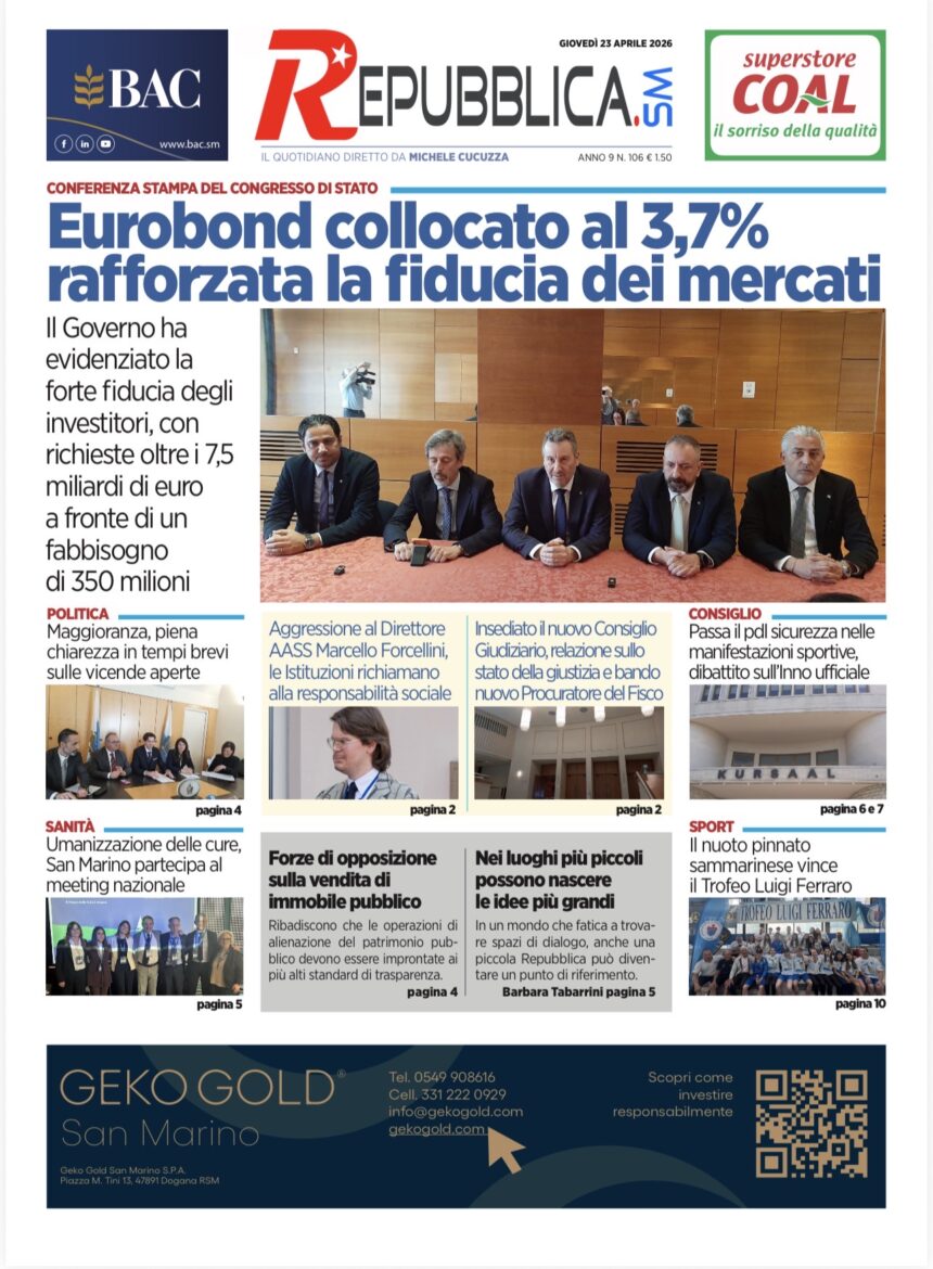 San Marino. La prima pagina de La RepubblicaSM