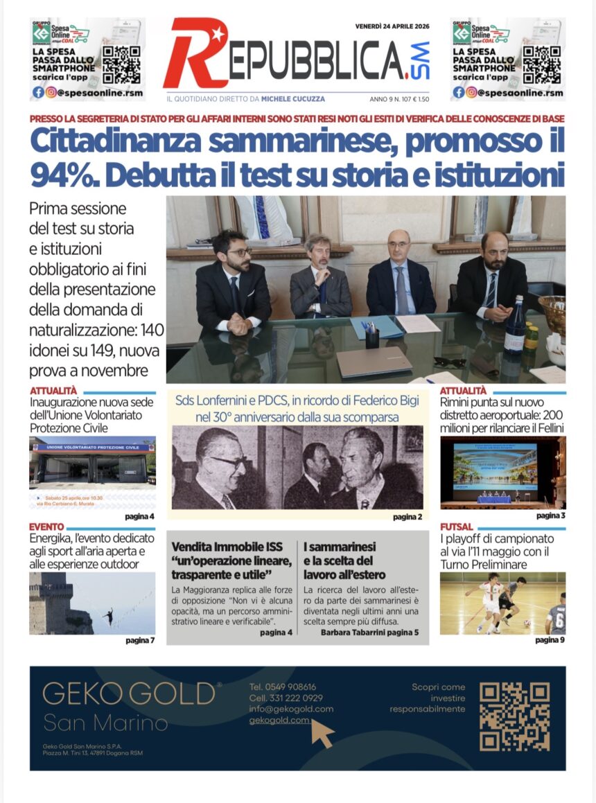 San Marino. La prima pagina de La RepubblicaSM