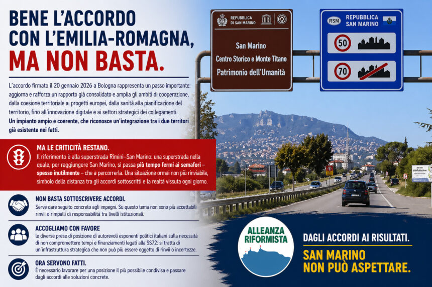 San Marino. Alleanza Riformista: “Accordo con l’Emilia-Romagna, bene ma non basta”