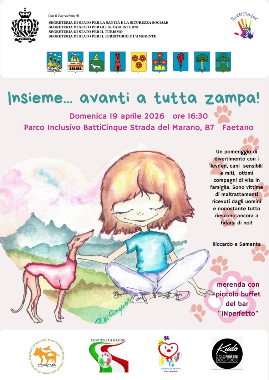 APAS San Marino. “Insieme… avanti a tutta zampa”, domenica 19 aprile alle ore 16:30, presso il Parco BattiCinque di Faetano. Saremo felici di partecipare!