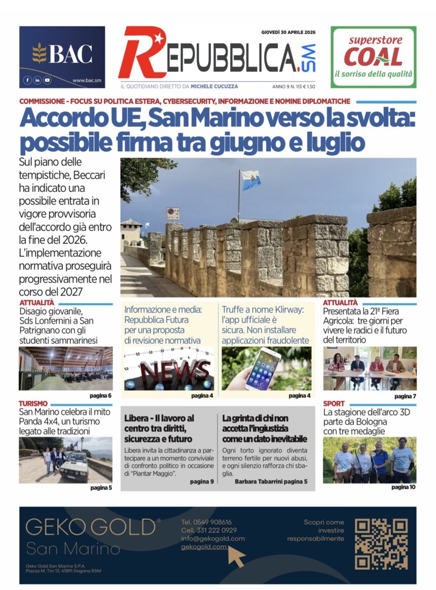 San Marino. La prima pagina de La RepubblicaSM
