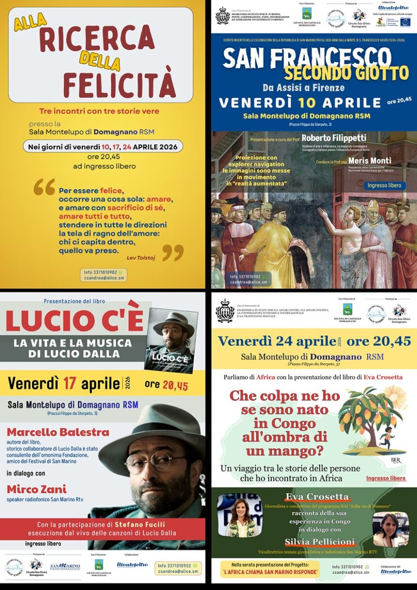 San Marino – La rassegna “Alla ricerca della felicità” nel mese di aprile presso la Sala Montelupo di Domagnano