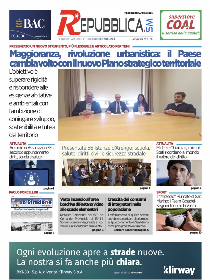 San Marino. La prima pagina de La RepubblicaSM
