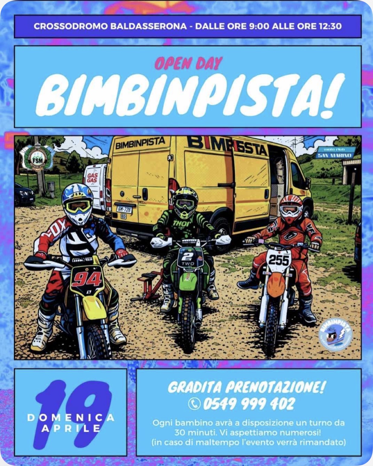 San Marino. Domenica mattina, 19 aprile, al Crossodromo Baldasserona OPEN DAY BIMBININ PISTA. Non mancare