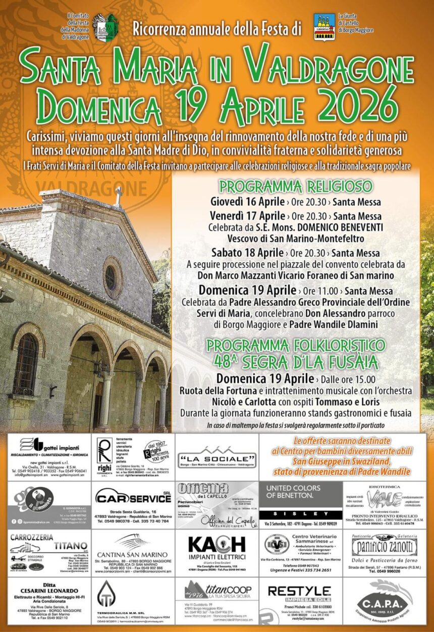 San Marino. Giunta di Castello di Borgo Maggiore, domenica 19 aprile Festa di Santa Maria in Valdragone 2026