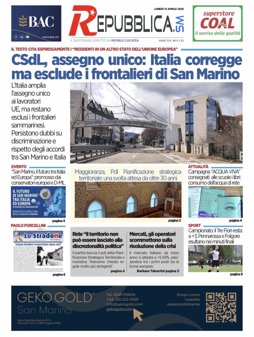 San Marino. La prima pagina de La RepubblicaSM