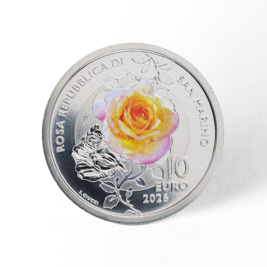 La Rosa della Repubblica di San Marino impressa sulla moneta da 10 euro versione fior di conio di Poste San Marino