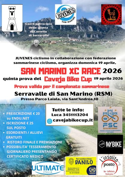 San Marino. Ciclismo Cross-Country Caveja Bike Cup a Serravalle. Domenica 19 aprile 2026 ore 9.30 al Parco Laiala