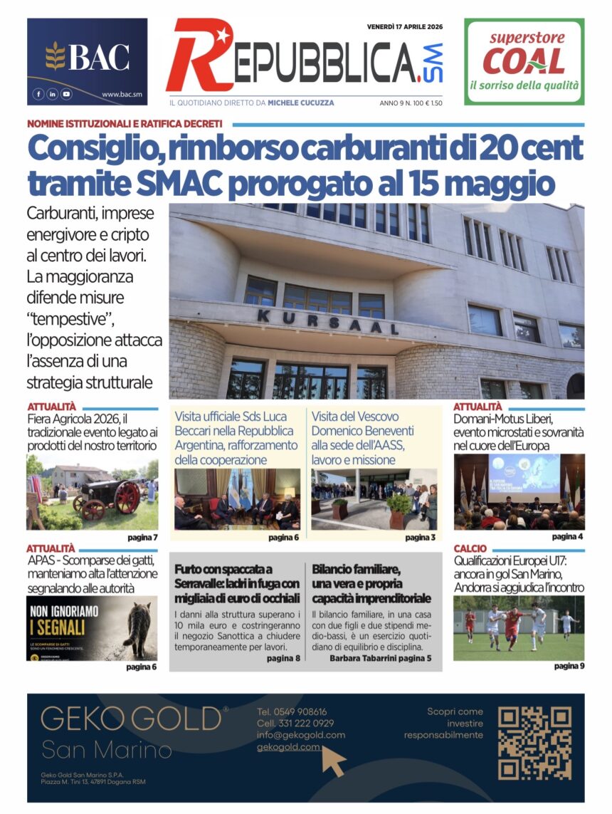 San Marino. La prima pagina de La RepubblicaSM