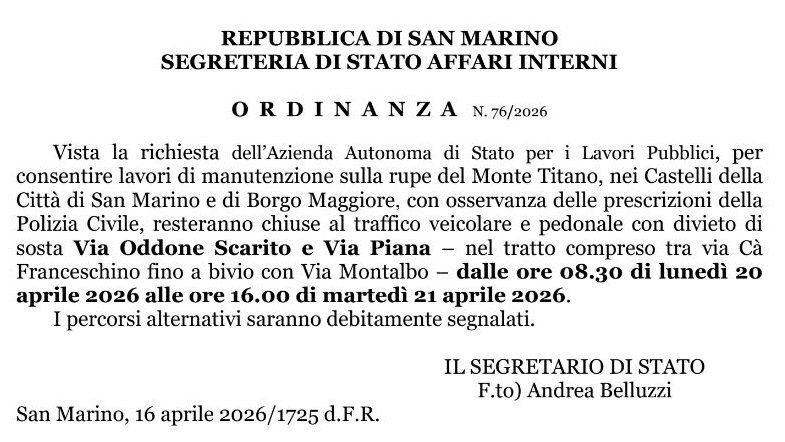 Monte Titano, chiusa via Oddone Scarito per lavori alle reti paramassi