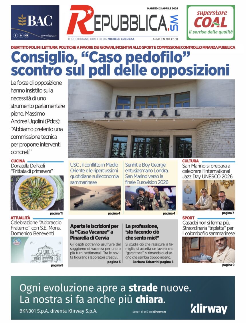 San Marino. La prima pagina de La RepubblicaSM