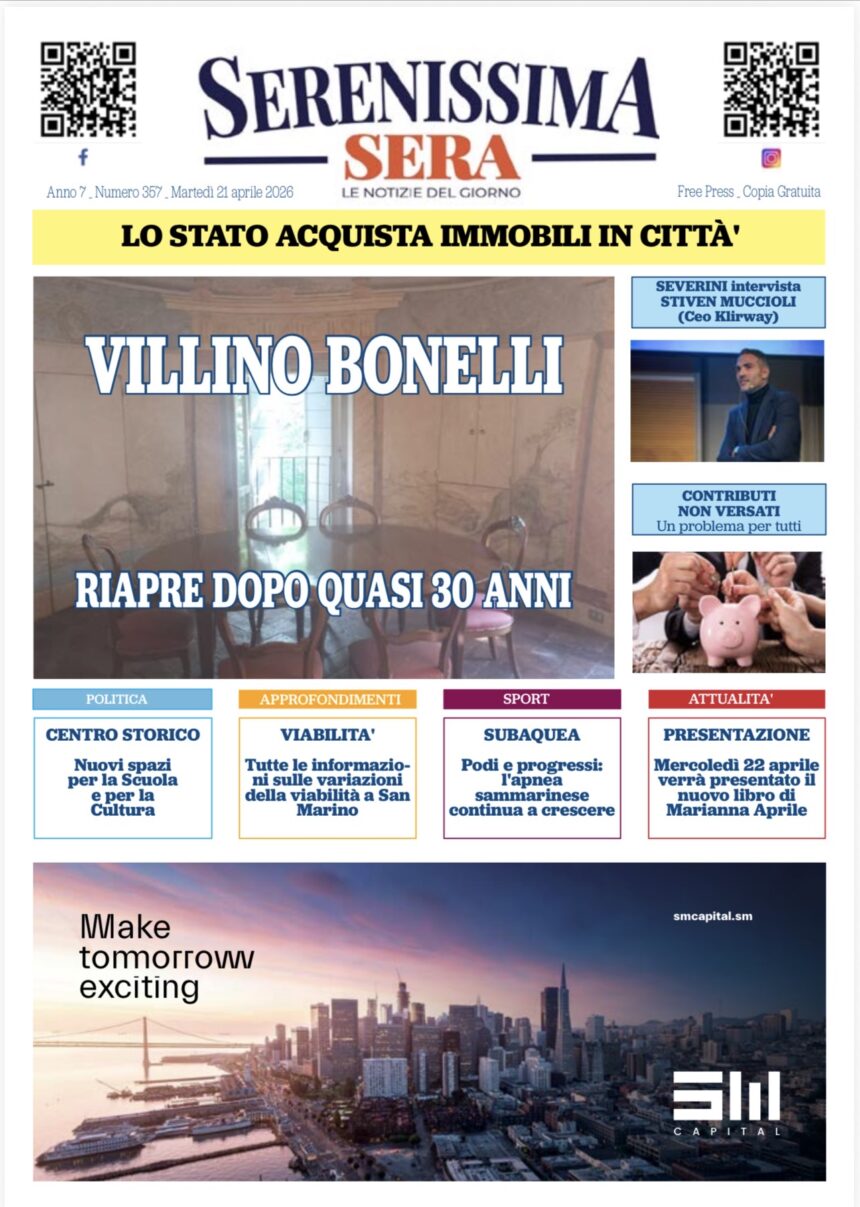 San Marino. La prima pagina del Serenissima Sera