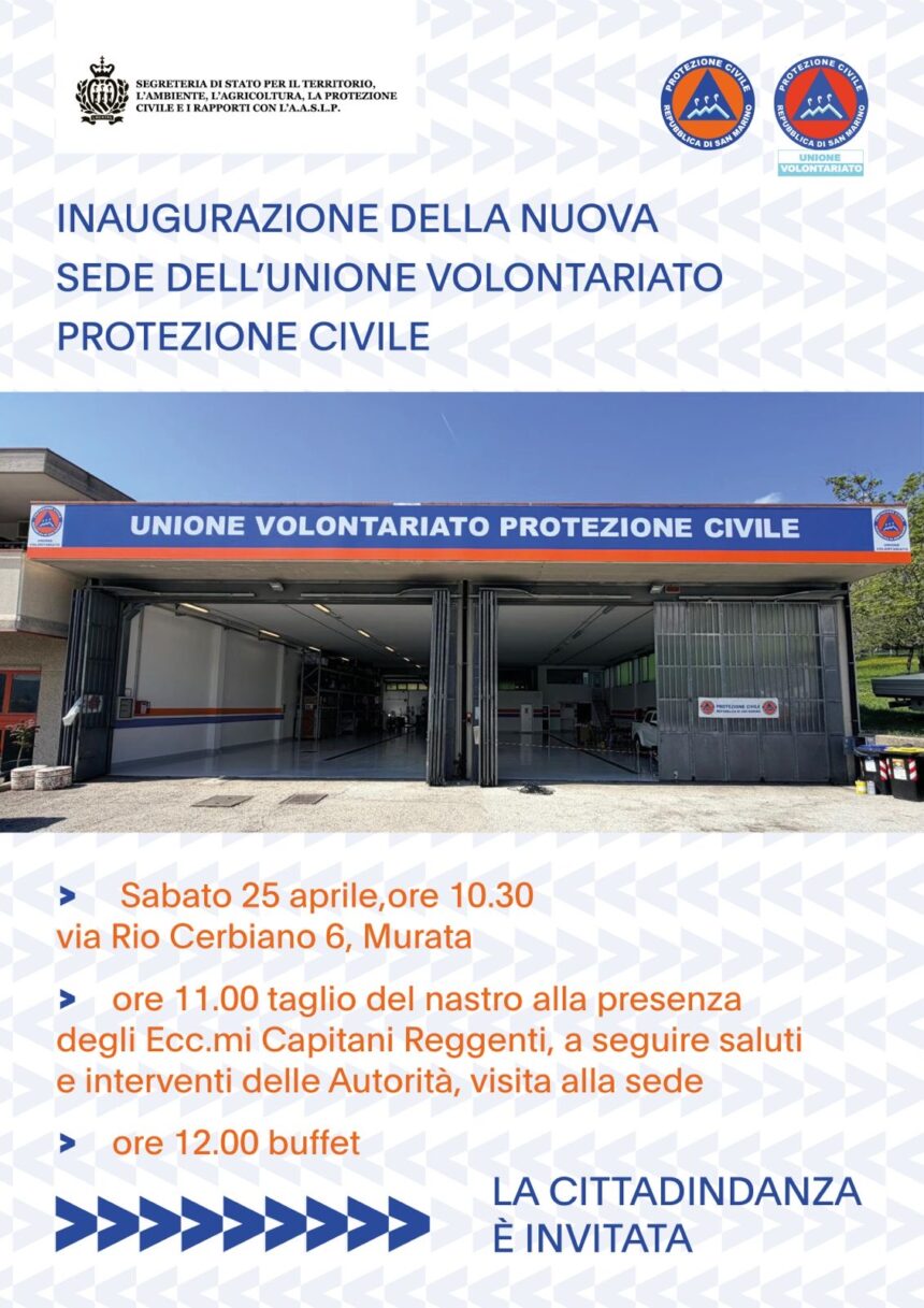 San Marino. Sabato prossimo inaugurazione della nuova sede dell’unione Volontariato Protezione Civile