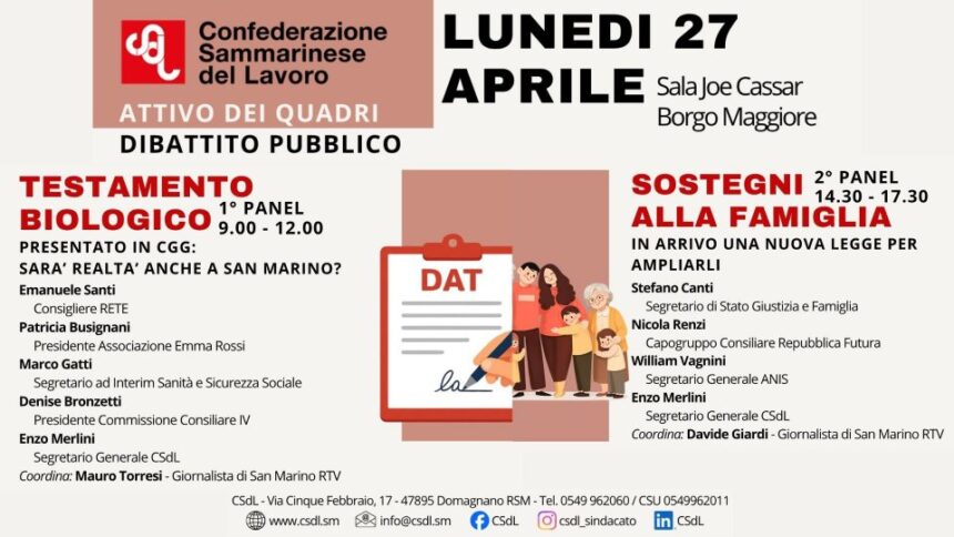 San Marino. Testamento biologico e PdL sostegni alla famiglia: lunedì 27 aprile dibattito pubblico organizzato dalla CSdL