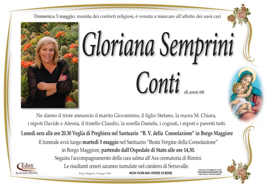 E’ venuta a mancare Gloriana Semprini Conti, domani i funerali nel Santuario della Beata Vergine della Consolazione di Borgo Maggiore