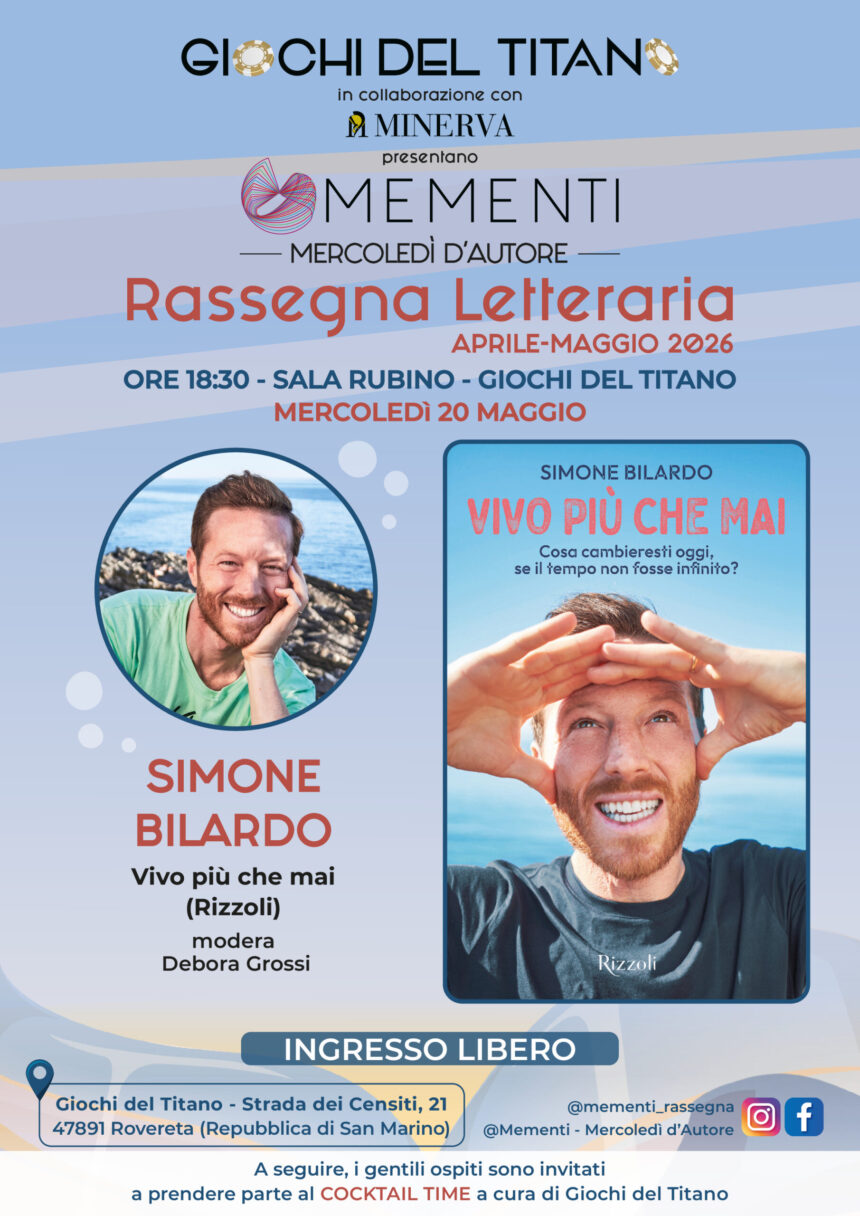 San Marino. Mementi, Mercoledì d’Autore: gli eventi del 20 e 27 maggio 2026. Ore 18:30 – Sala Rubino