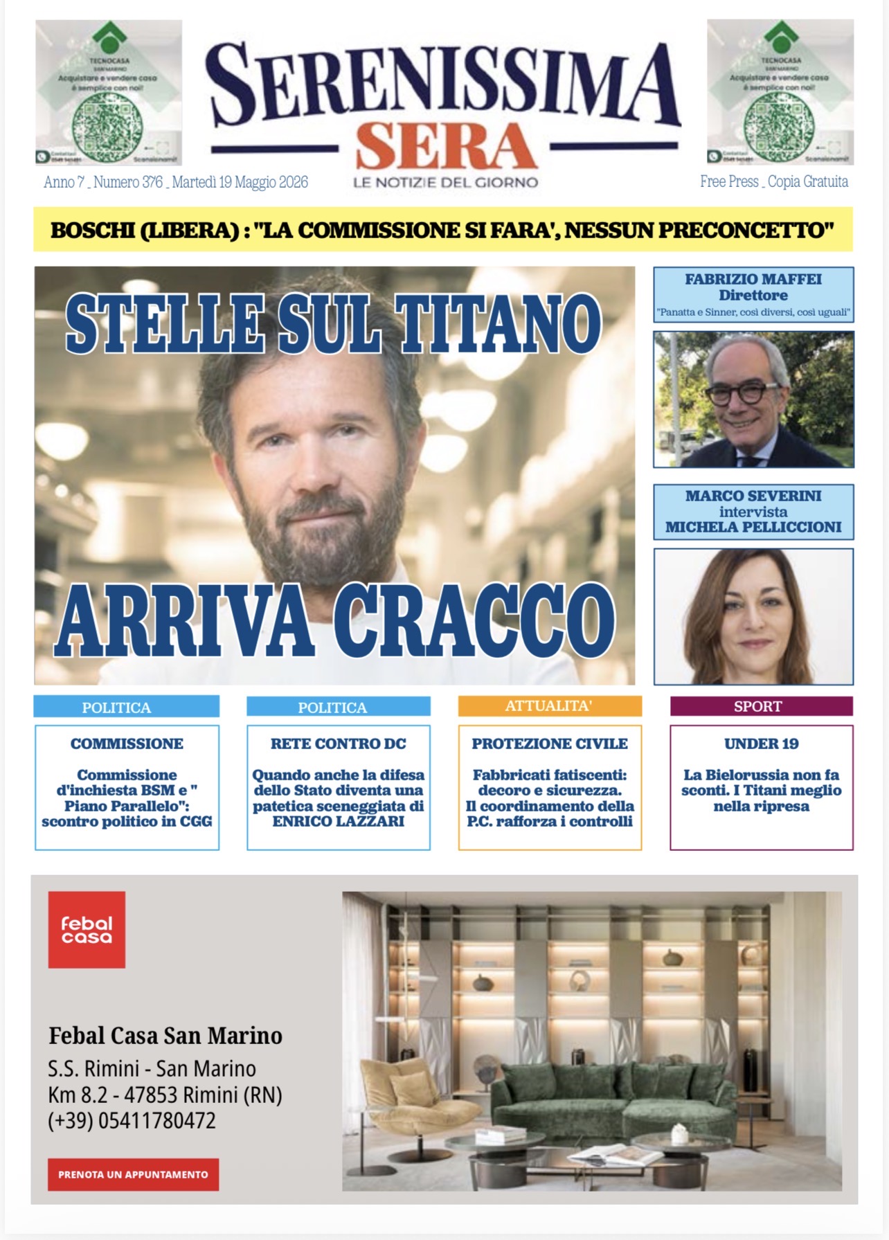 San Marino. La prima pagina del Serenissima Sera