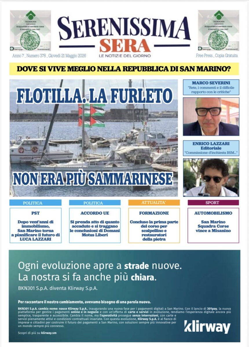San Marino. La prima pagina del SERENISSIMA SERA