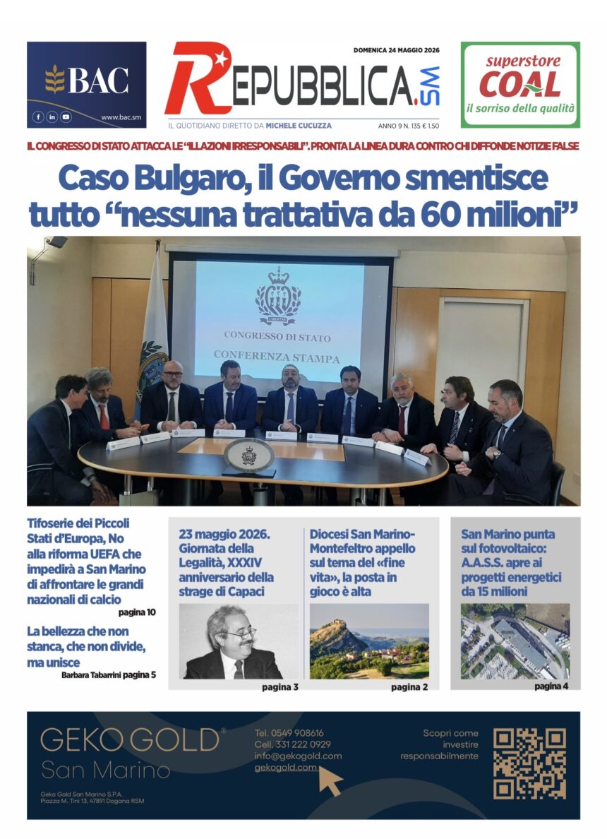 San Marino. La prima pagina de La RepubblicaSM