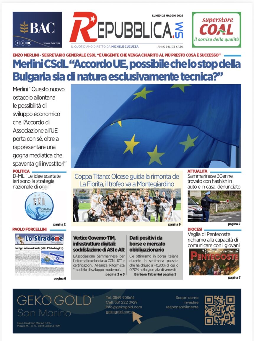 San Marino. La prima pagina de La RepubblicaSM
