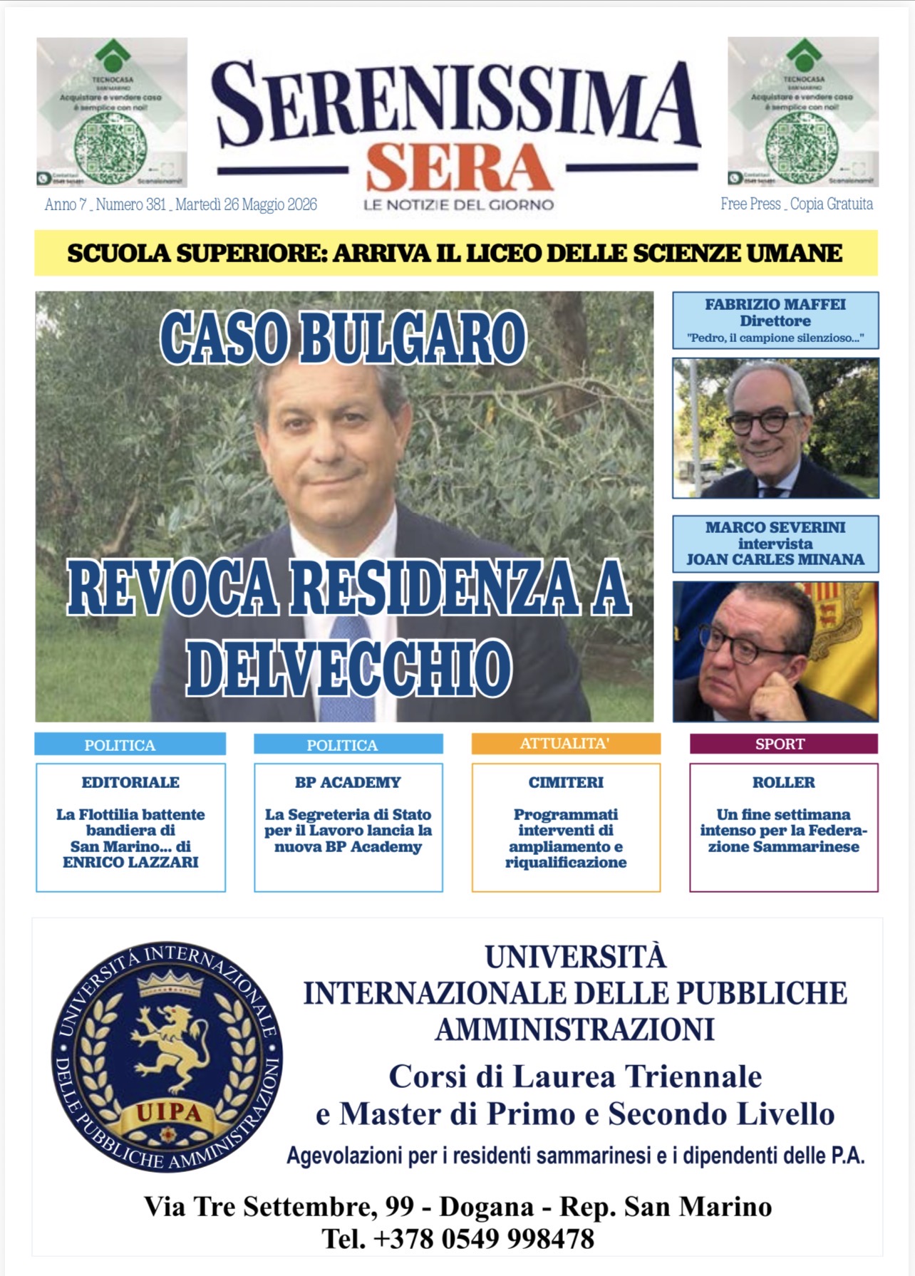 San Marino. La prima pagina del Serenissima Sera