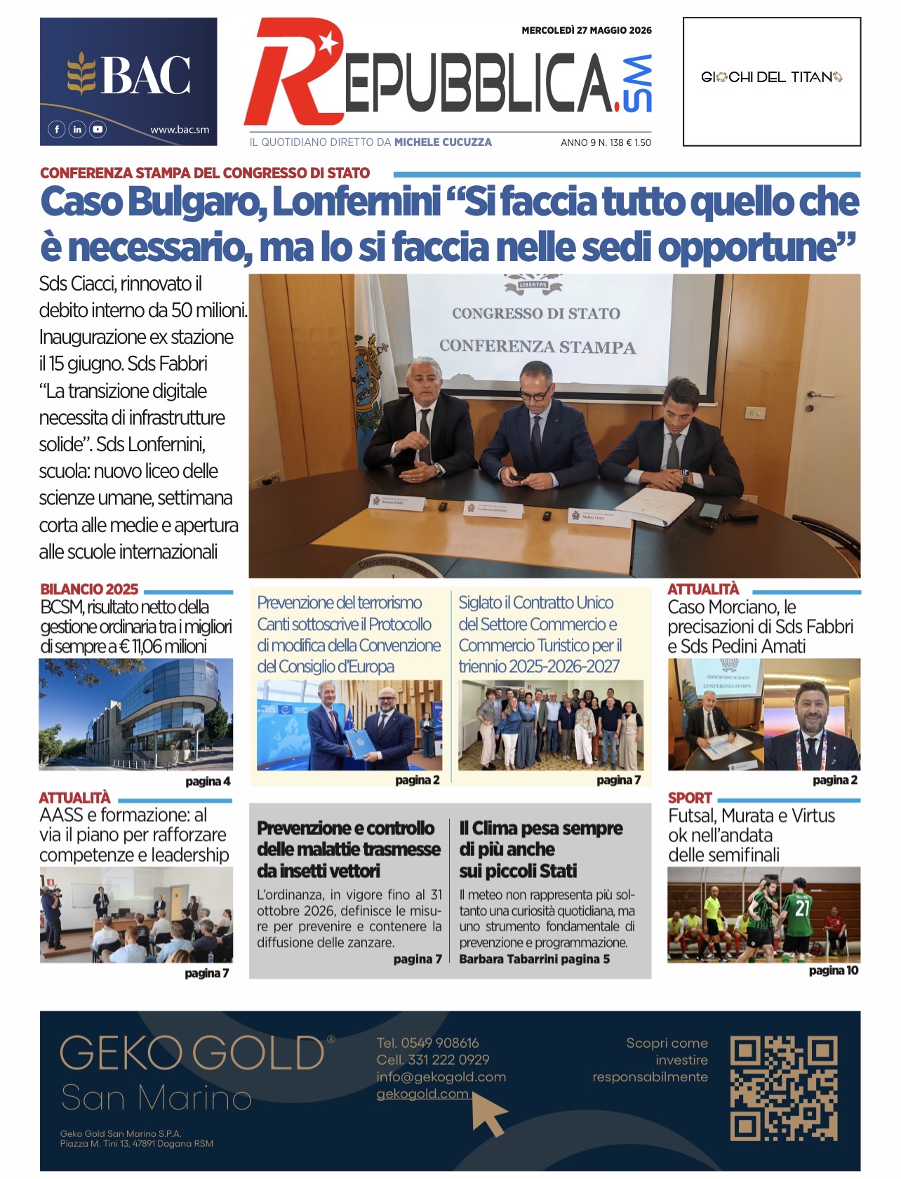 San Marino. La prima pagina de La RepubblicaSM