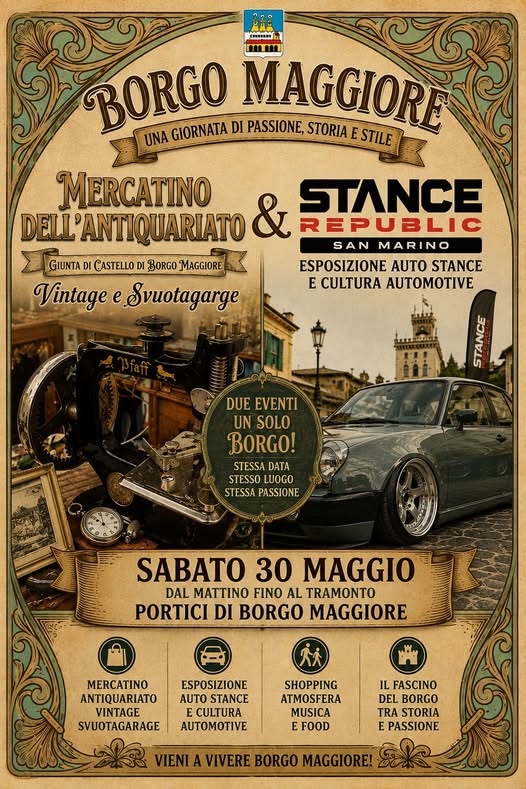 Borgo Maggiore, sabato 30 maggio mercatino vintage e esposizione auto nel centro storico