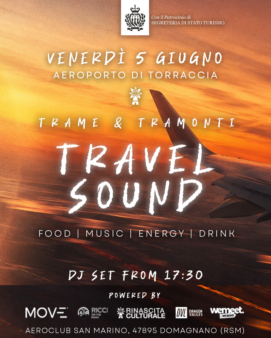 San Marino. “TRAME E TRAMONTI – Travel Sound Edition”: venerdì 5 giugno 2026, presso l’Aeroclub di Torraccia