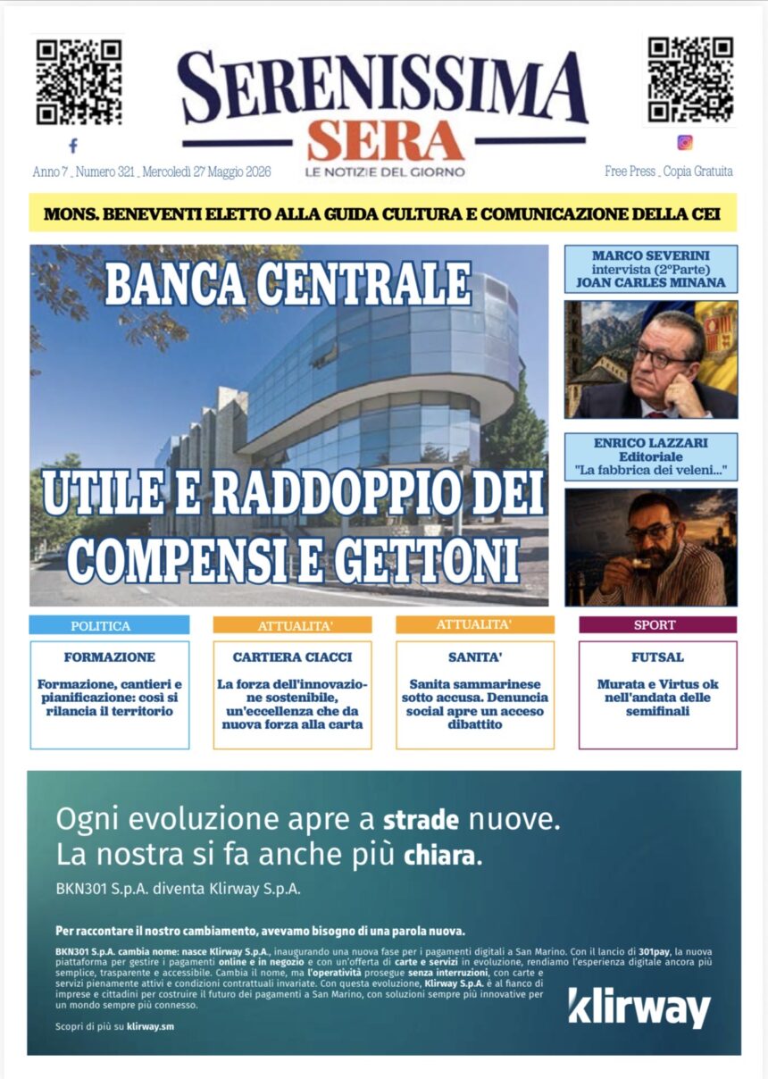 San Marino. La prima pagina del SERENISSIMA SERA