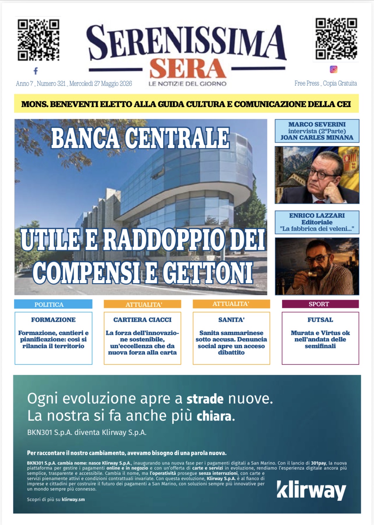 San Marino. La prima pagina del SERENISSIMA SERA