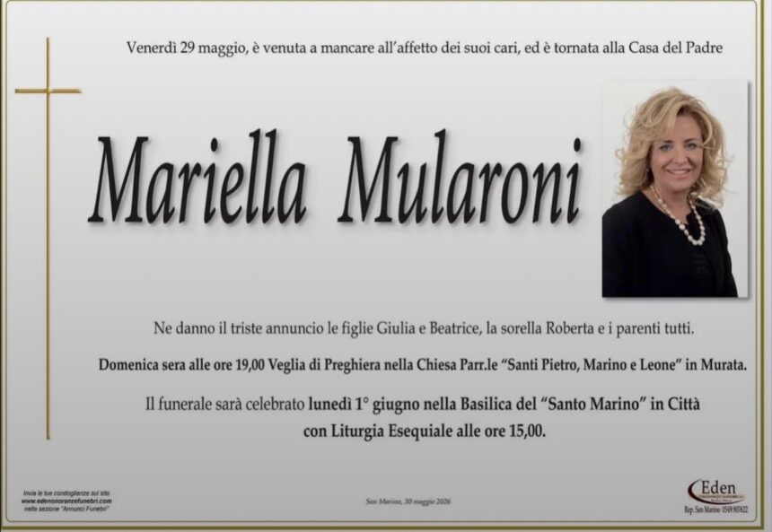 San Marino. Lunedì 1 giugno ore 15 alla Basilica del Santo il funerale di Mariella Mularoni