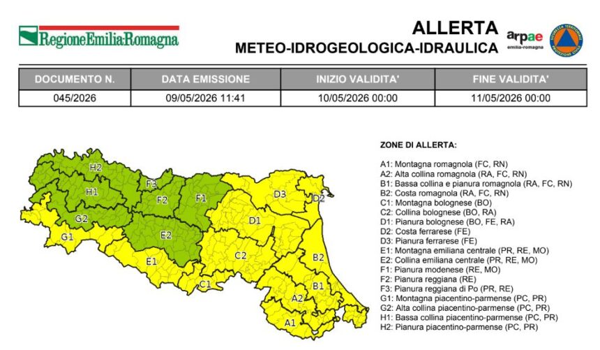 La Protezione civile ha diramato allerta meteo gialla per il 10 maggio