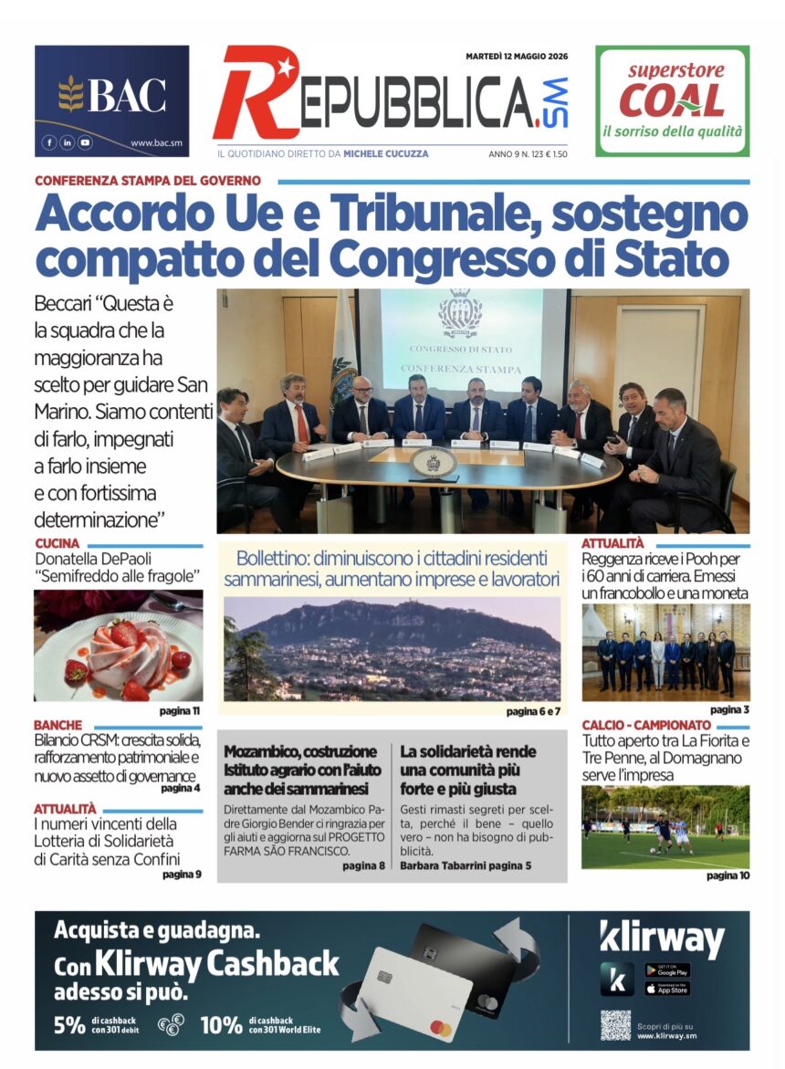 San Marino. La prima pagina de La RepubblicaSM