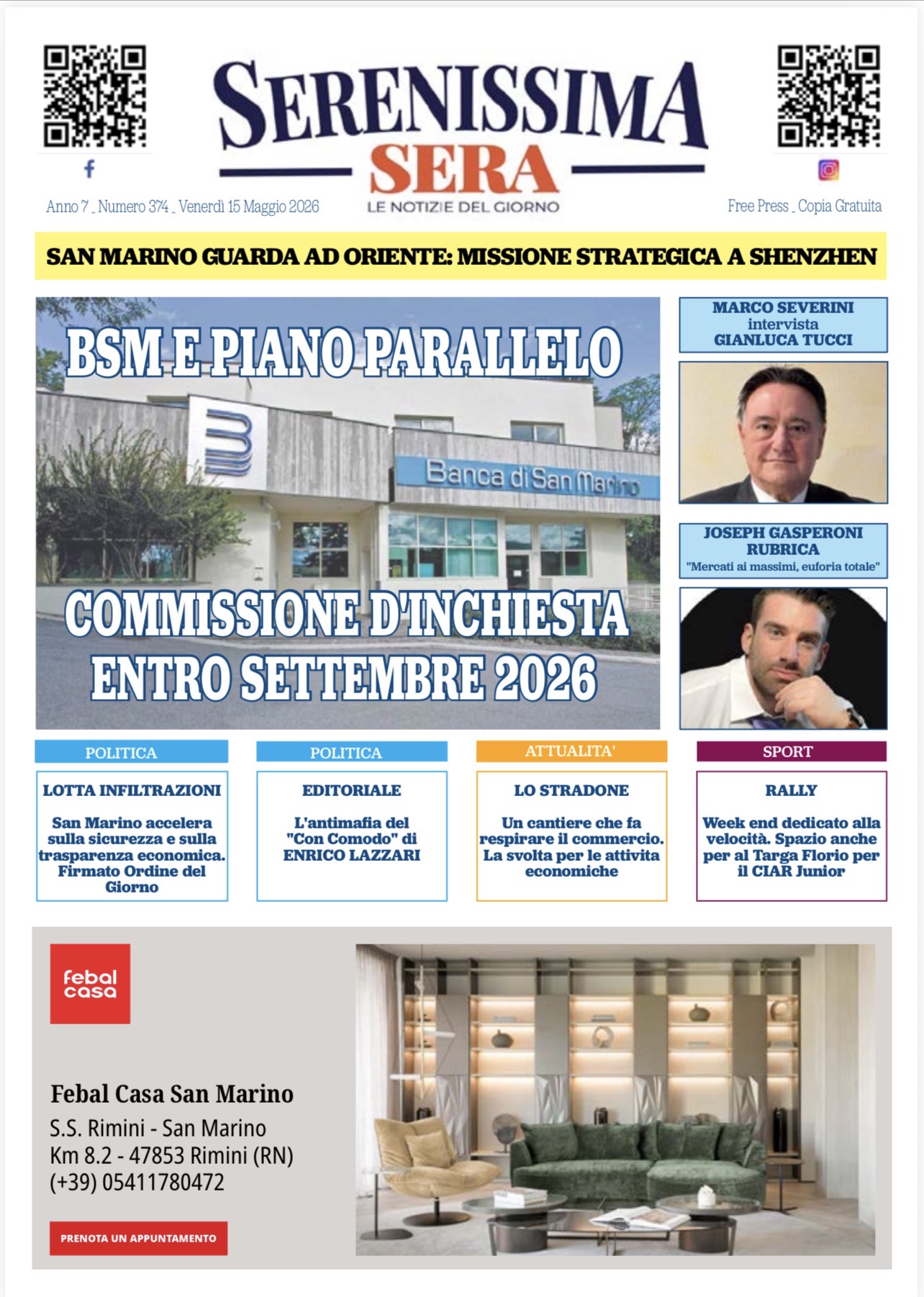 San Marino. La prima pagina del SERENISSIMA SERA