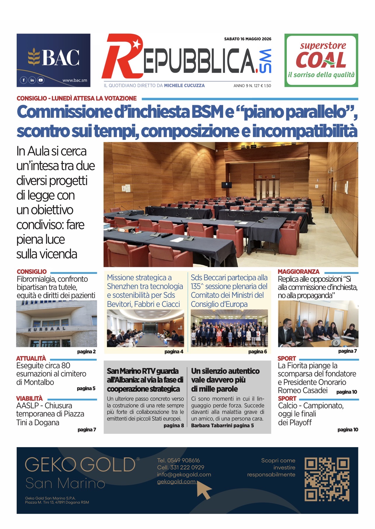 San Marino. La prima pagina de La RepubblicaSM