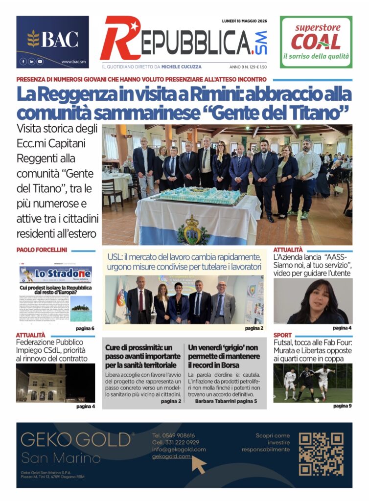 San Marino. La prima pagina de La RepubblicaSM