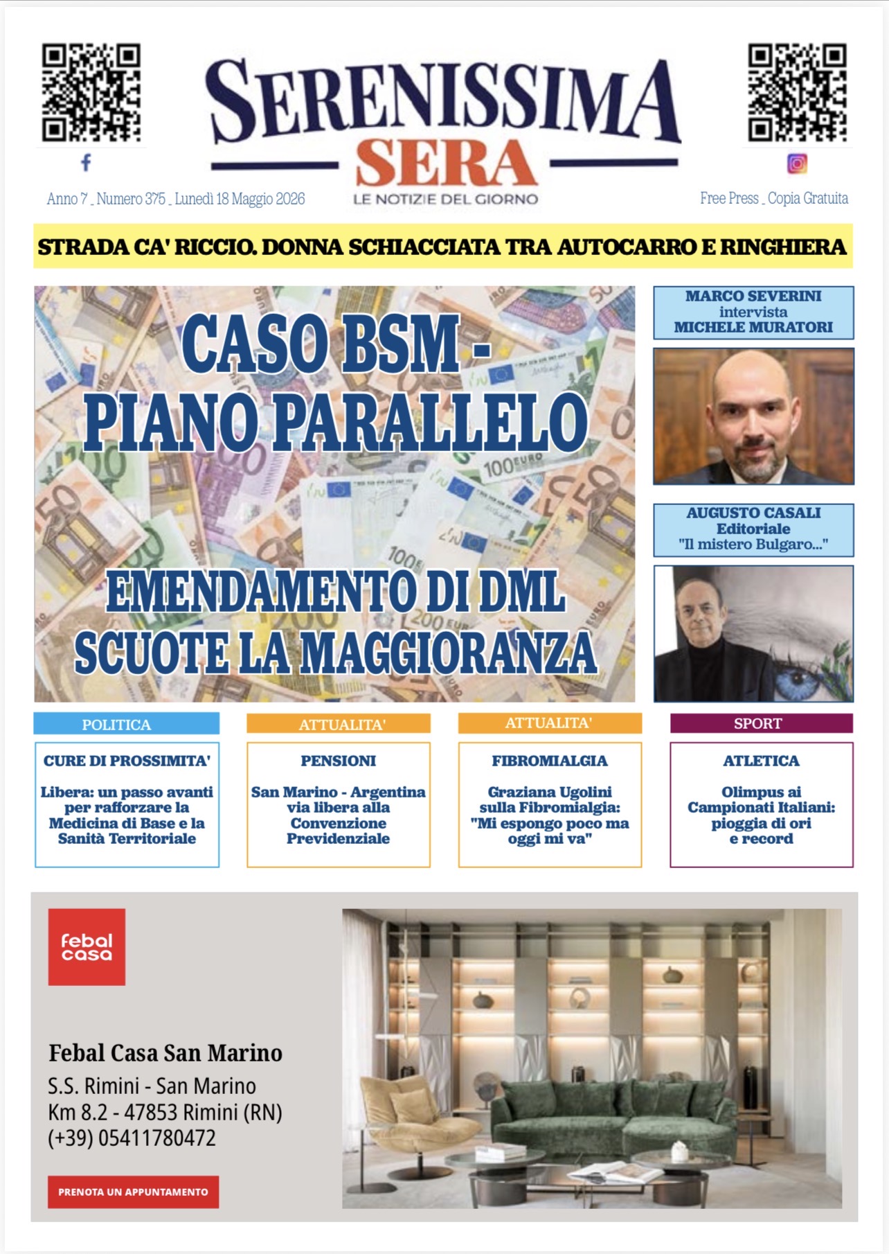 San Marino. La prima pagina del Serenissima Sera