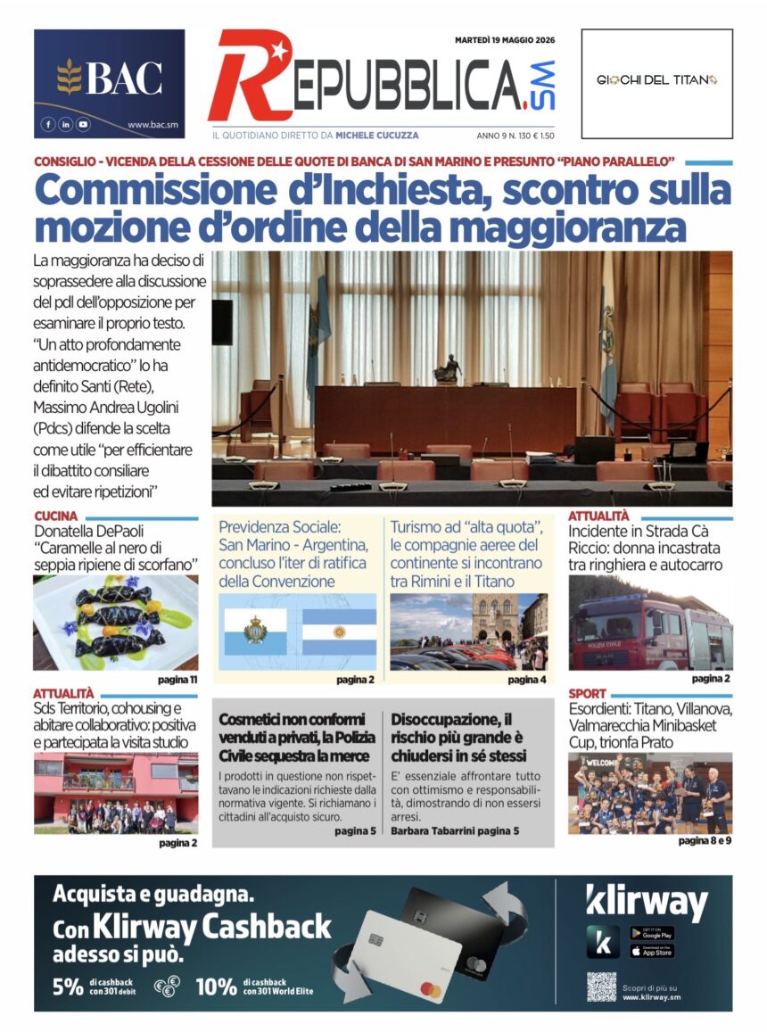 San Marino. La prima pagina de La RepubblicaSM