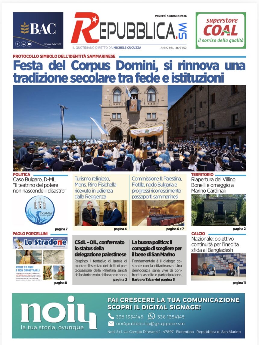 San Marino. La prima pagina de La RepubblicaSM